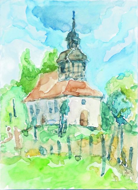 Riether Kirche, Aquarell von Prof. Hartmut Hornung Riether Kirche, Aquarell von Prof. Hartmut Hornung